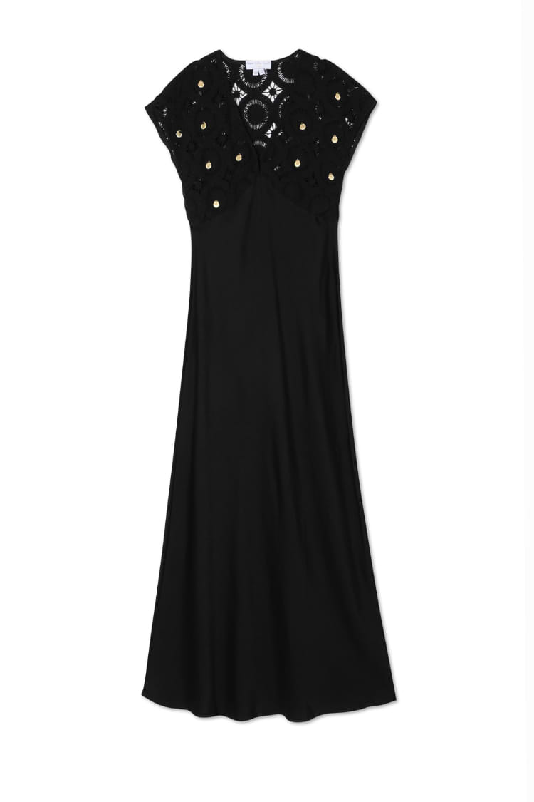 Black Crochet Shell Elodie Dress with a crochet knit top, gold shell details and a satin skirt.