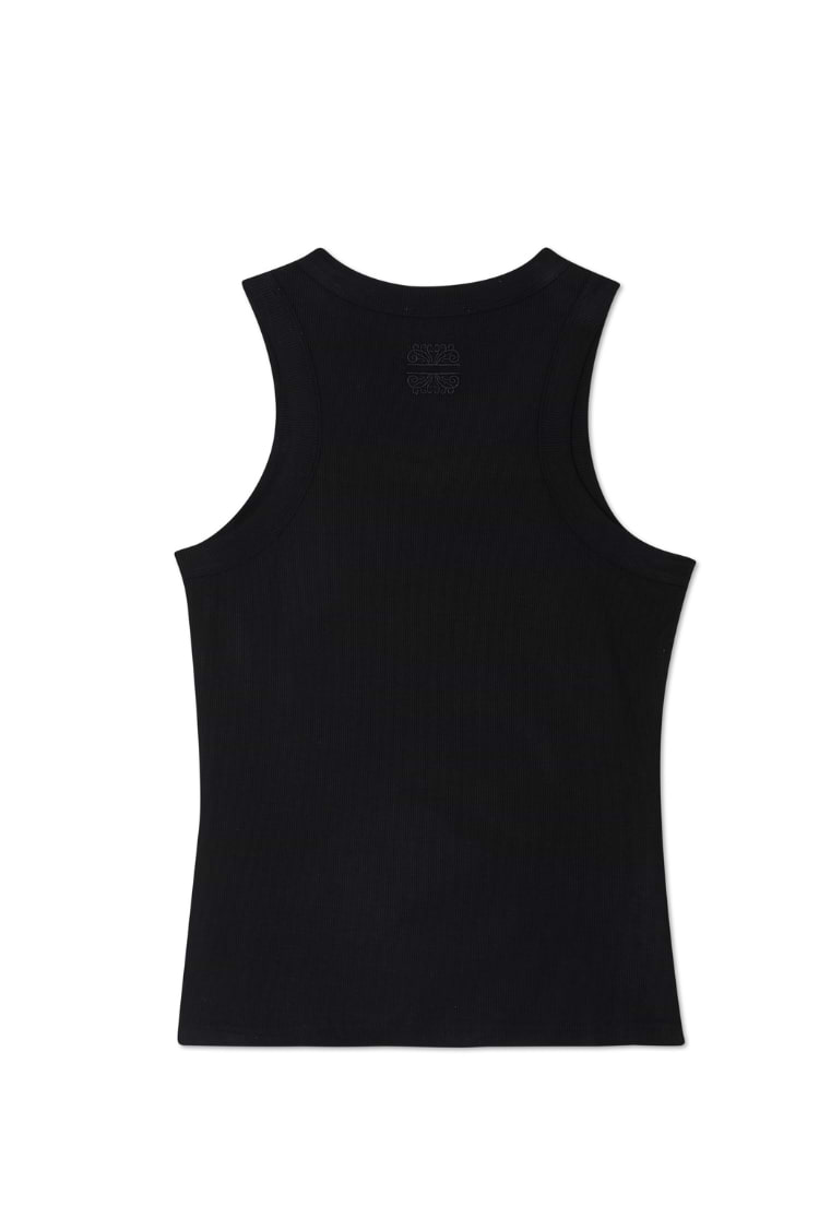 Black Sol Tank Top in a ribbed fabric featuring a subtle logo detail on the upper back.