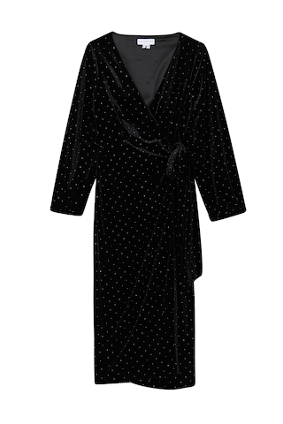 Black Velvet Midi Vienna Dress Petite featuring silver dots and a multi-wear wrap tie fastening.
