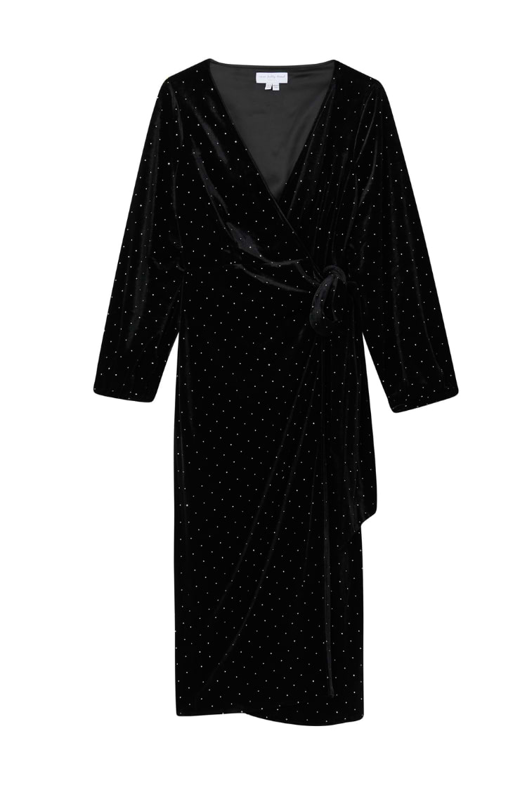 Black Velvet Midi Vienna Dress Petite featuring silver dots and a multi-wear wrap tie fastening.