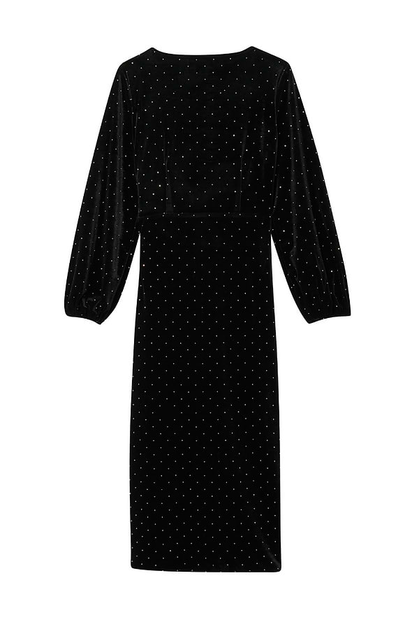 Black Velvet Midi Vienna Dress with long sleeves and silver diamante pattern, shown from the back.