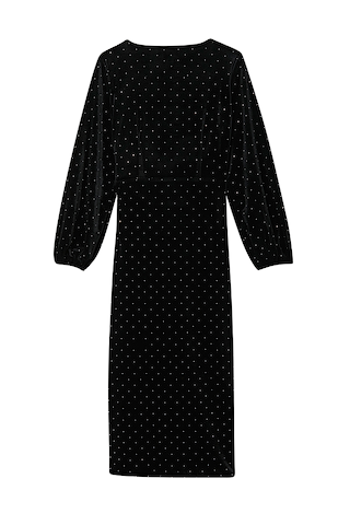 Black Velvet Midi Vienna Dress featuring all-over sparkle dots and long sleeves, shown from the back.
