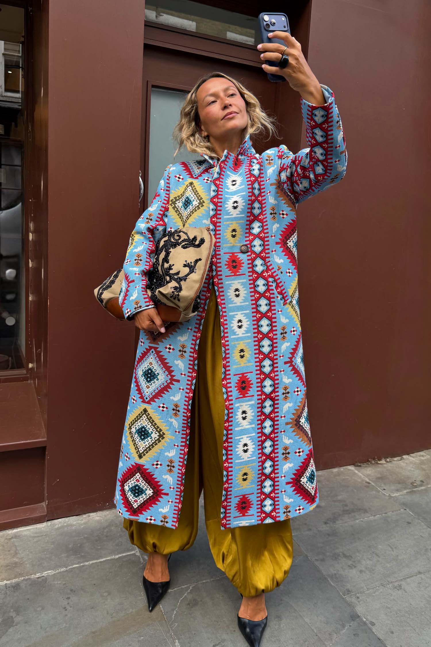 Blue Abstract Jacquard Coat