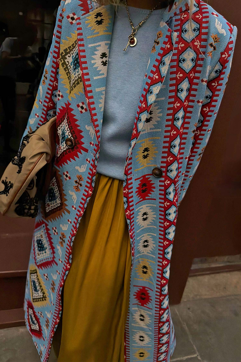 Blue Abstract Jacquard Coat