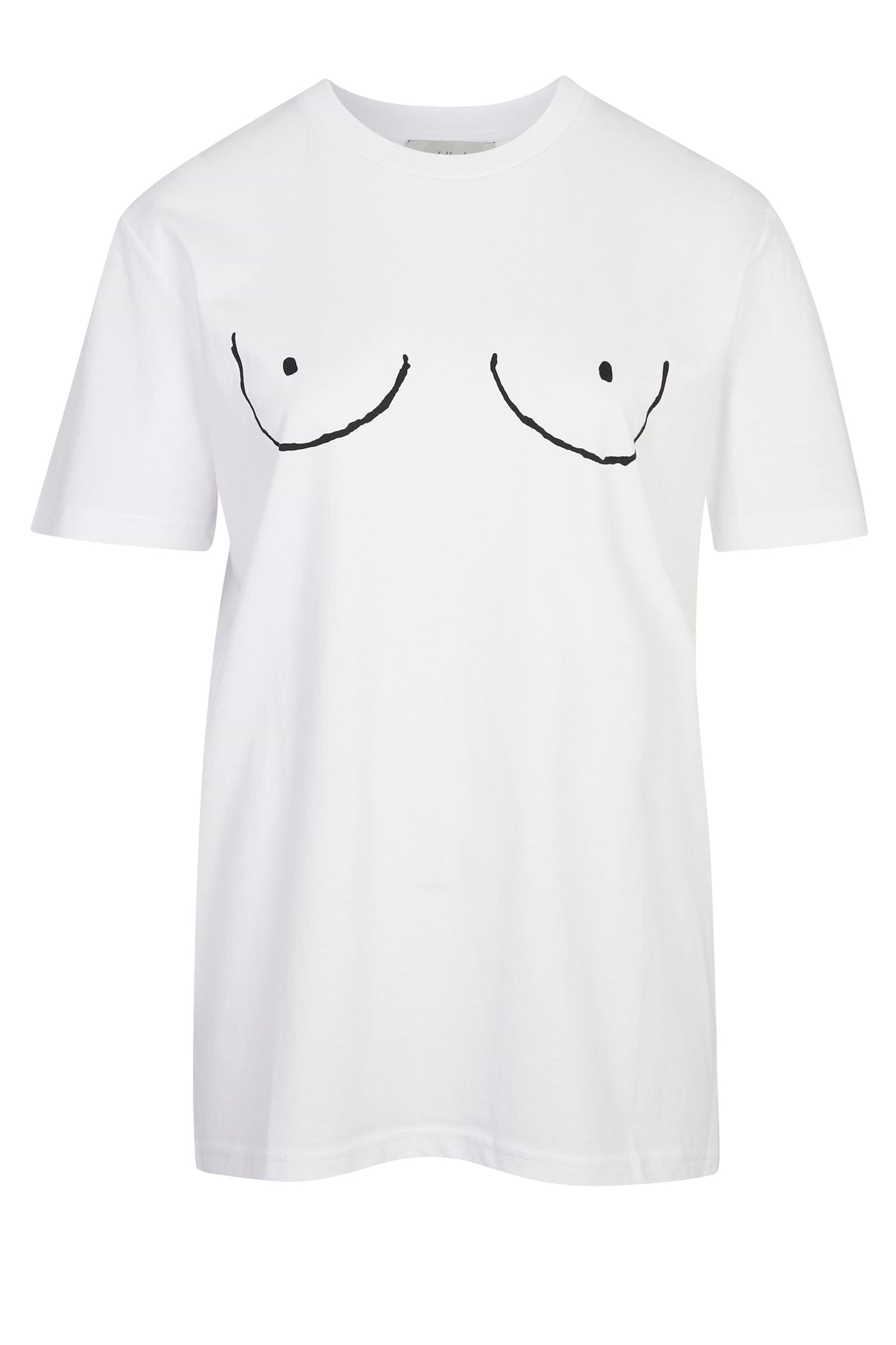 Iconic white Boob T-shirt featuring a black line-art illustration on a 100% cotton base.
