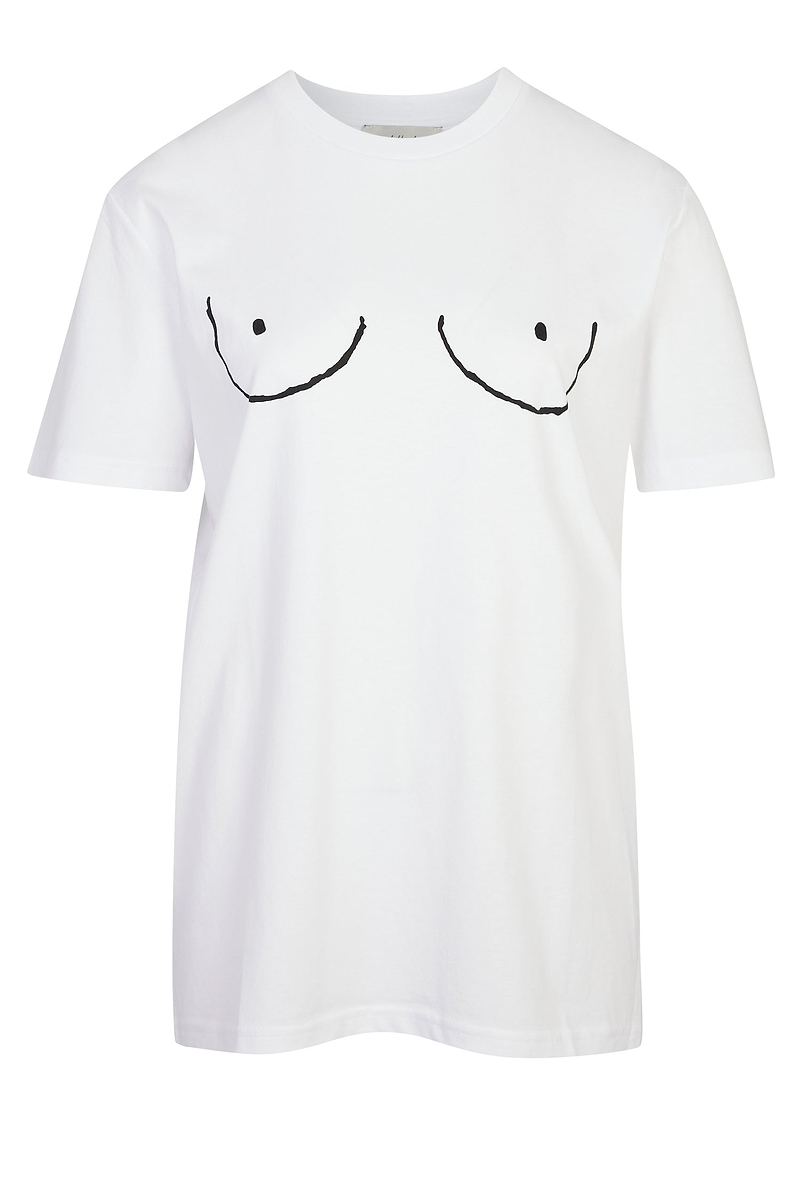 Iconic white Boob T-shirt featuring a black line-art illustration on a 100% cotton base.