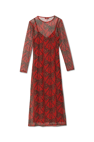 Red Leopard Bow Mesh Dress in sheer mesh fabric with a leopard print bow design and long sleeves.