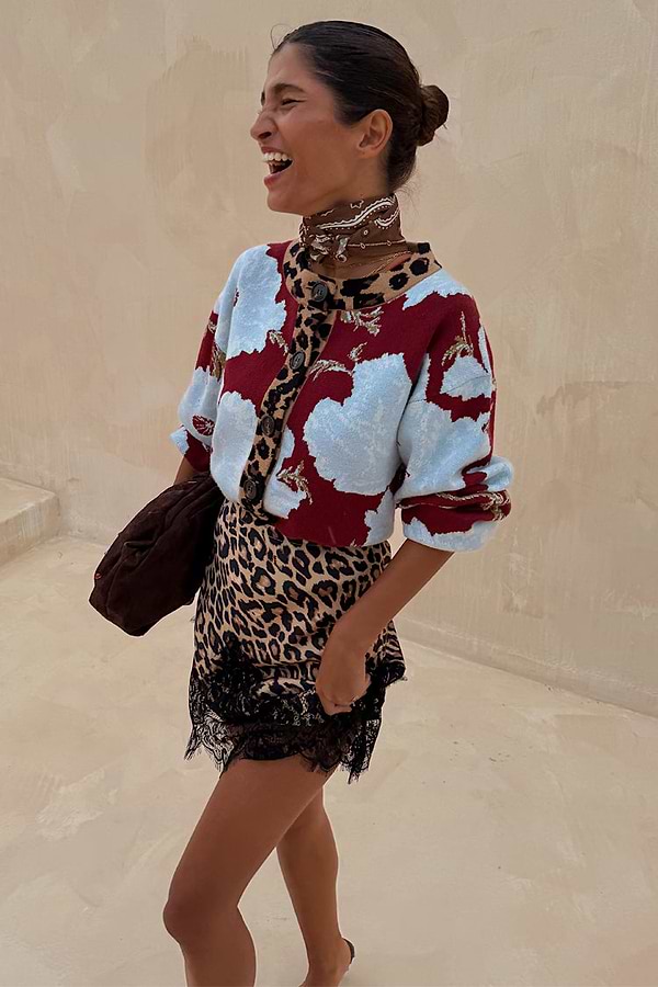 Burgundy & Blue Poppy Cardigan with leopard trim, styled with a leopard and lace mini skirt and brown scarf.