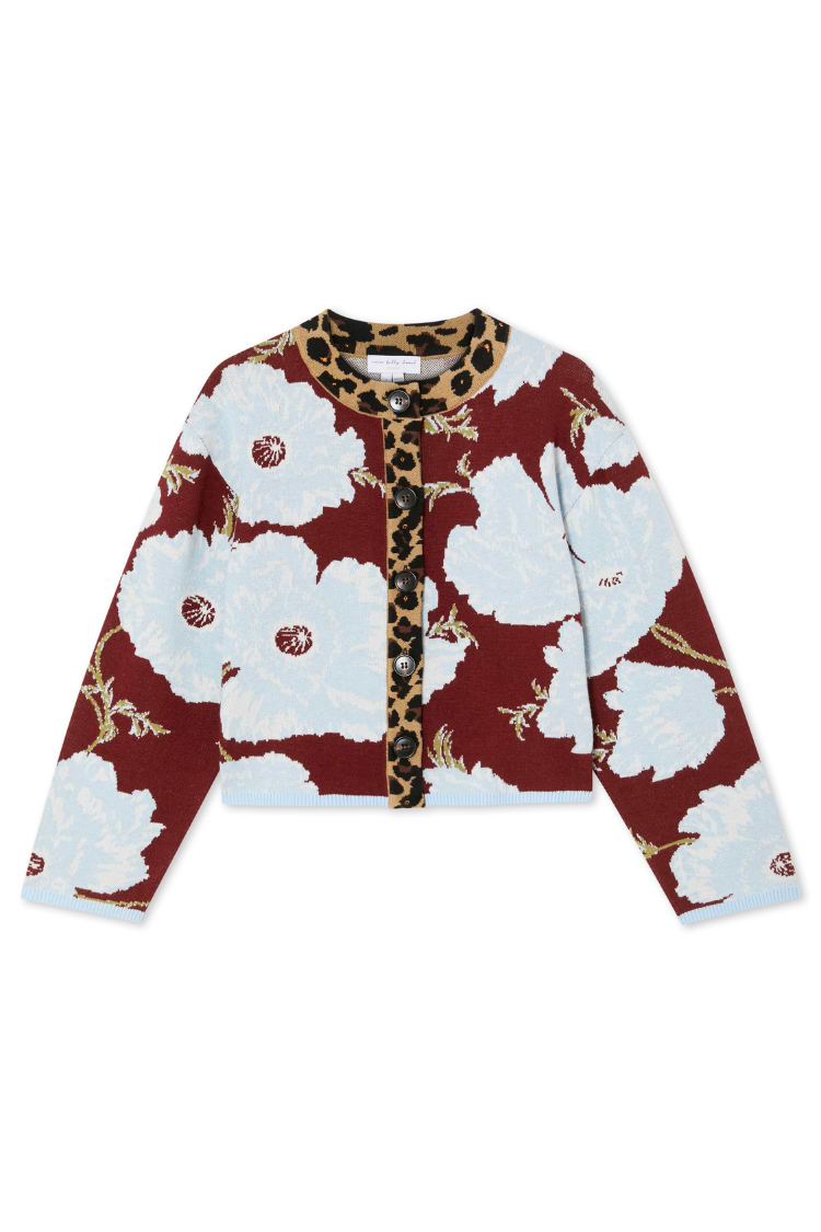 Burgundy and blue poppy print cardigan with leopard print trims and a boxy knit fit on a white background.
