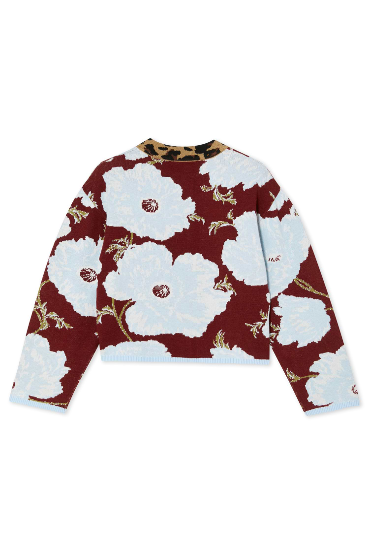 Burgundy and Blue Poppy Cardigan back view featuring a baby blue floral print and leopard trim neckline.