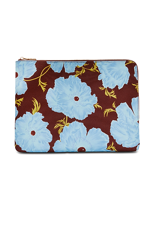 Blue & Burgundy Poppy Laptop Case featuring an in-house designed floral print and a gold zip closure.