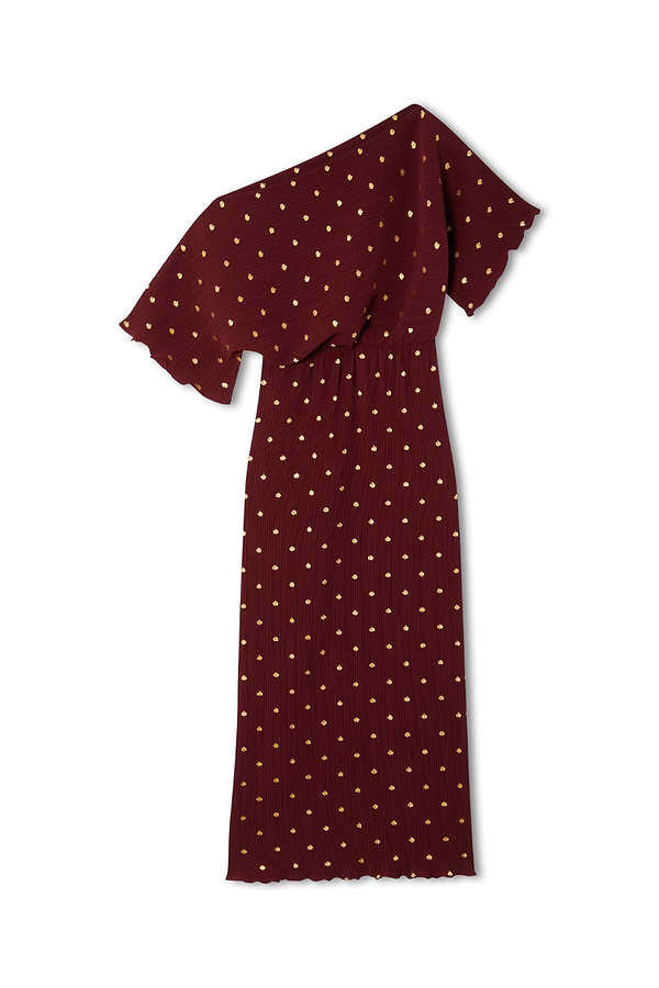 Burgundy Tilly Dress in gold-flecked plissé fabric with an off-the-shoulder neckline and lettuce hem.