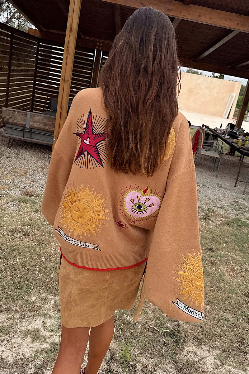 Knit Camel Mystical Cardigan with sun and heart embroidery and Moonchild script on the back and sleeve.