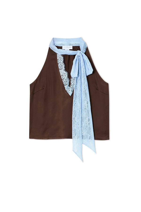 Chocolate brown multi-wear top featuring a light blue lace tie-neck fastening and V-neckline.