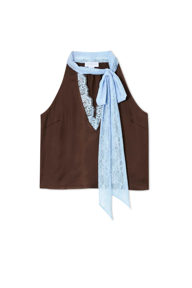 Chocolate brown multi-wear top featuring a light blue lace tie-neck fastening and V-neckline.