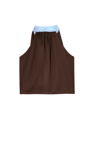 Chocolate Blue Lace Top in brown viscose with a blue lace halter neck and gathered detail, designed in London.