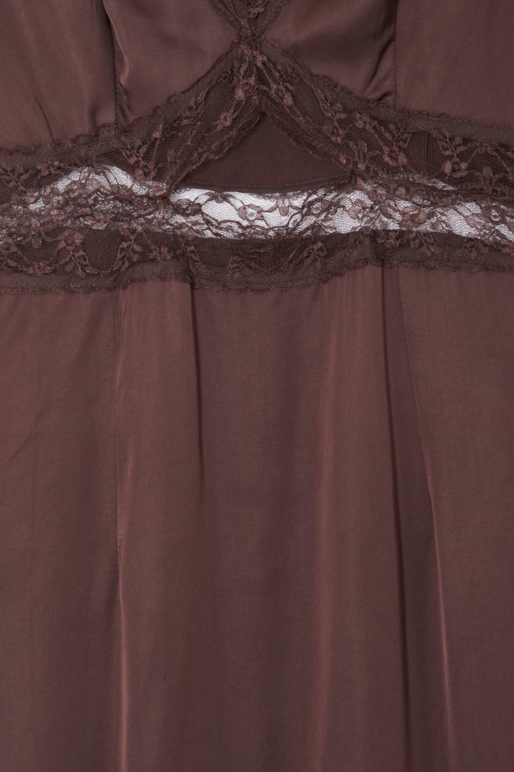 Chocolate Mimi Dress detail highlighting the intricate brown lace trim and under-bust cutout design.