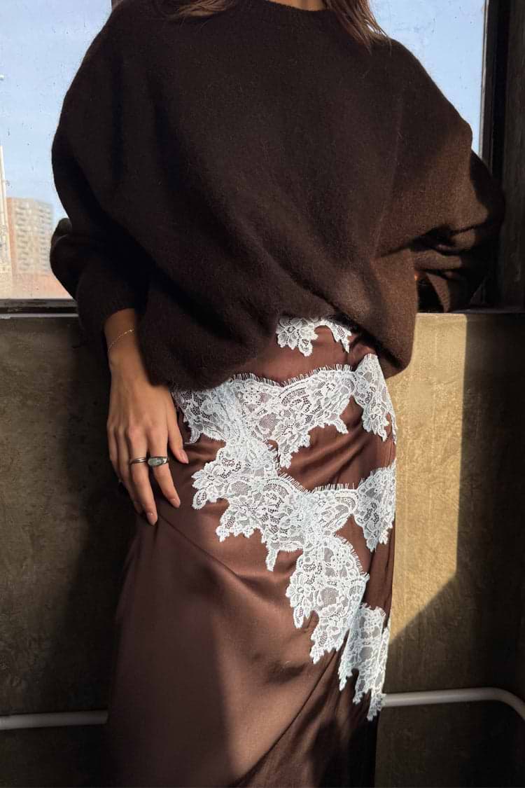 Chocolate Lily Skirt in satin with light blue lace detailing, styled with a cosy brown jumper.