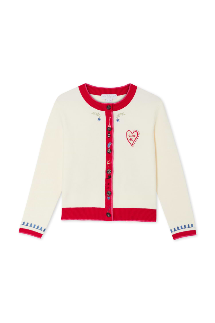 Cream Choose Love Cardigan featuring red ribbed trims, embroidered heart and star motifs, and blue scalloped cuffs.