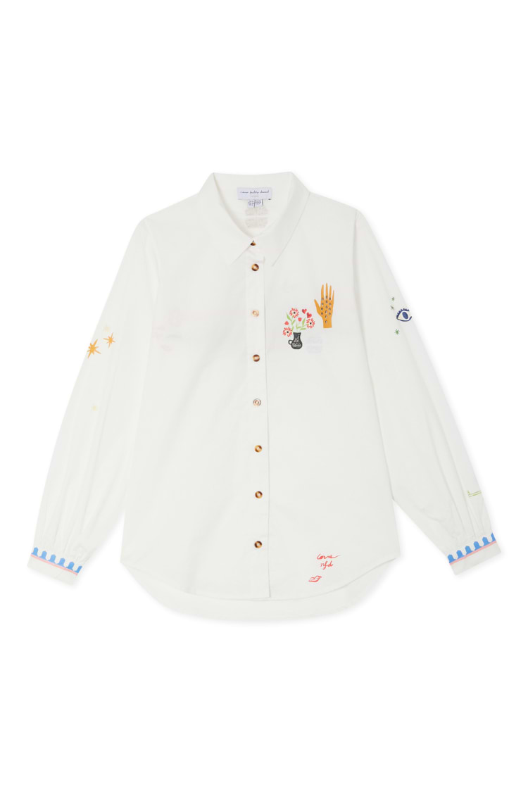 Choose Love Miley Shirt in white cotton featuring colourful embroidery, tortoiseshell buttons and scalloped blue cuffs.