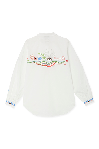 White cotton Choose Love Miley Shirt featuring a colourful back illustration and scalloped cuffs, designed in London.