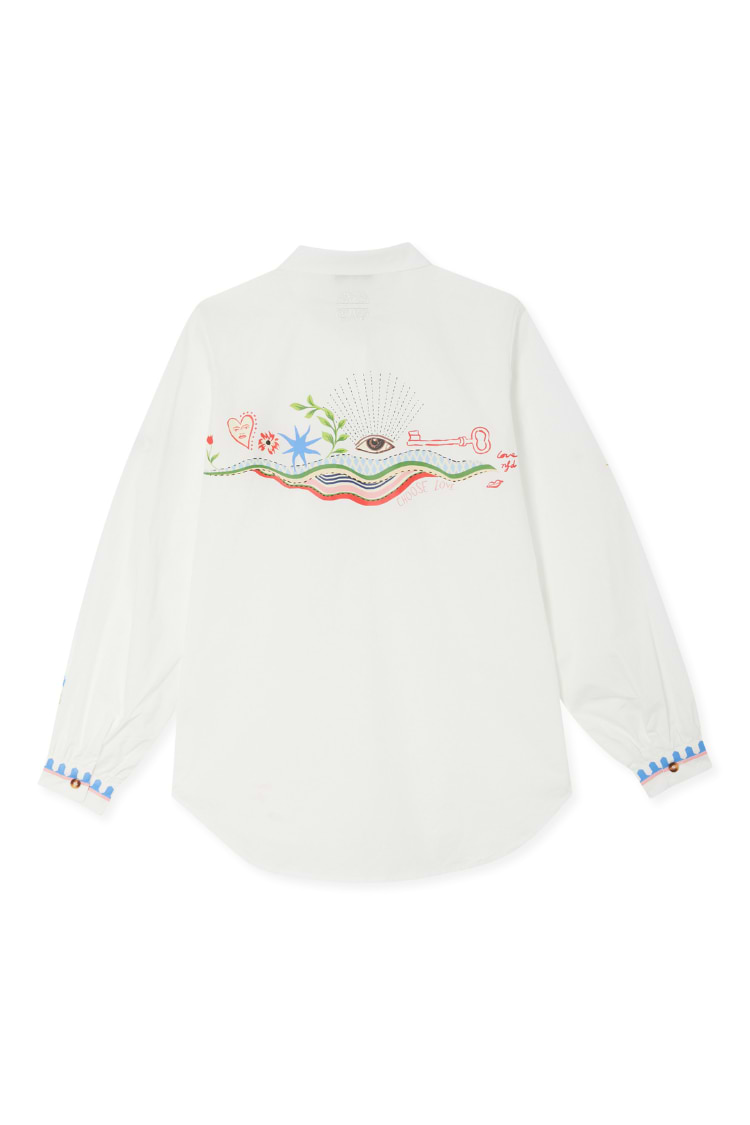 White cotton Choose Love Miley Shirt featuring a colourful back illustration and scalloped cuffs, designed in London.