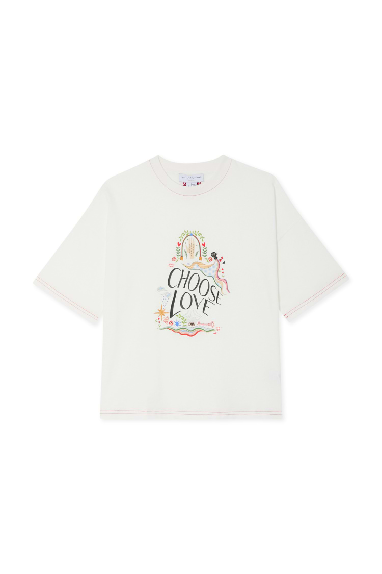 White cotton Choose Love T-Shirt with vibrant illustrations and red contrast stitching at the collar and hems.