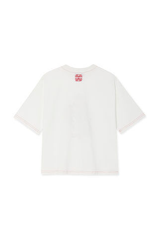 White 100% cotton Choose Love T-Shirt back view with red contrast stitching and neck logo, designed in London.