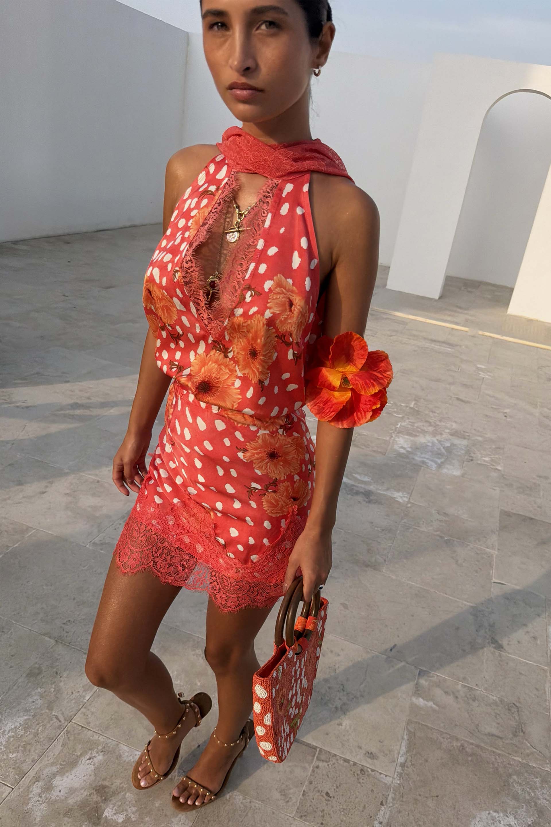 Coral Fawn Poppy Mini Maeva Skirt with lace trim, worn as a co-ord set featuring poppy and deer prints.