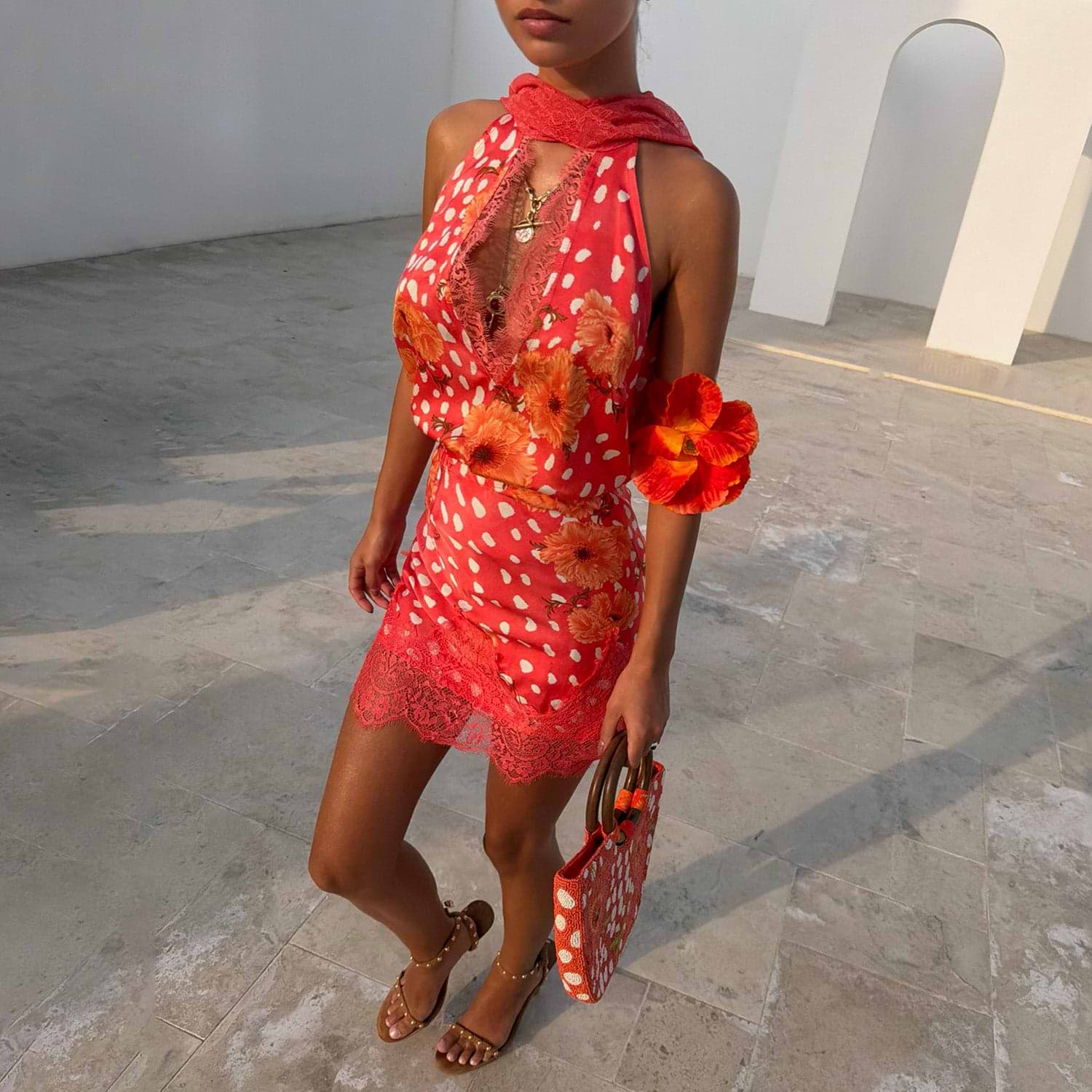 Coral Fawn Poppy Mini Maeva Skirt with lace trim, matching top and bag in a poppy and deer print.