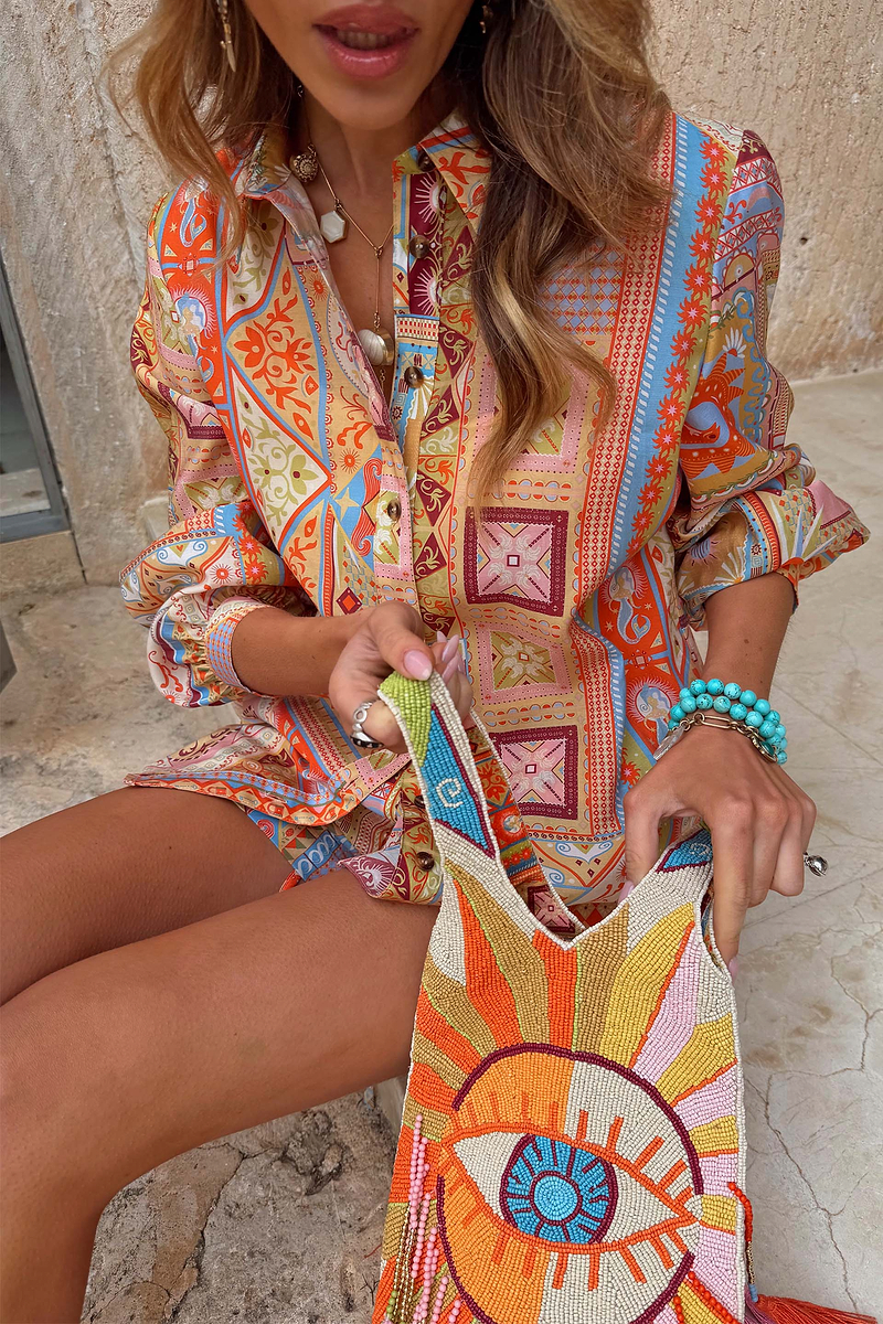 Multi-coloured Dolce Vita Marley Shirt featuring a patchwork tile print, sun motifs and button detailing.