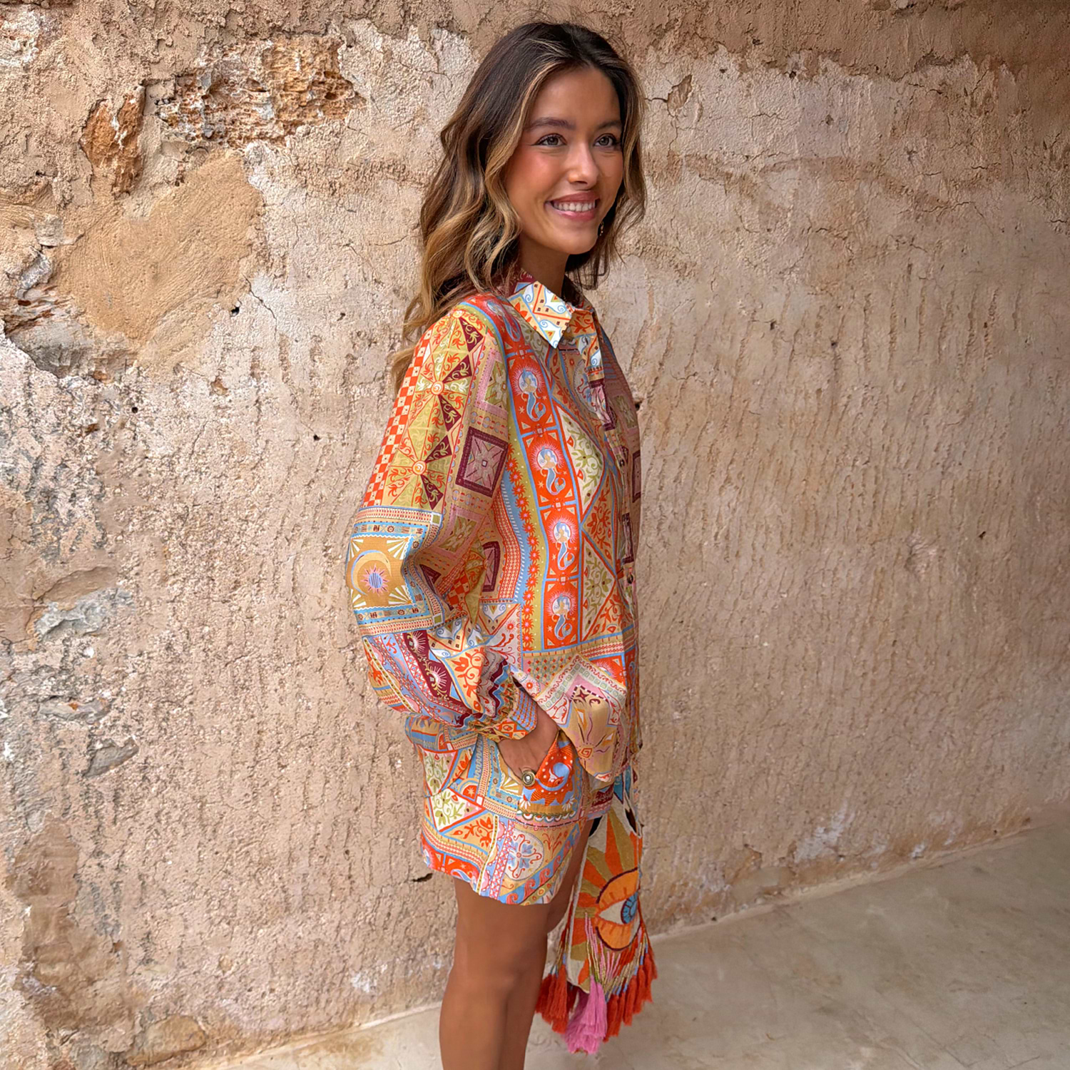 Dolce Vita Marley Shirt in a multi-coloured patchwork tile print with balloon sleeves and matching shorts.