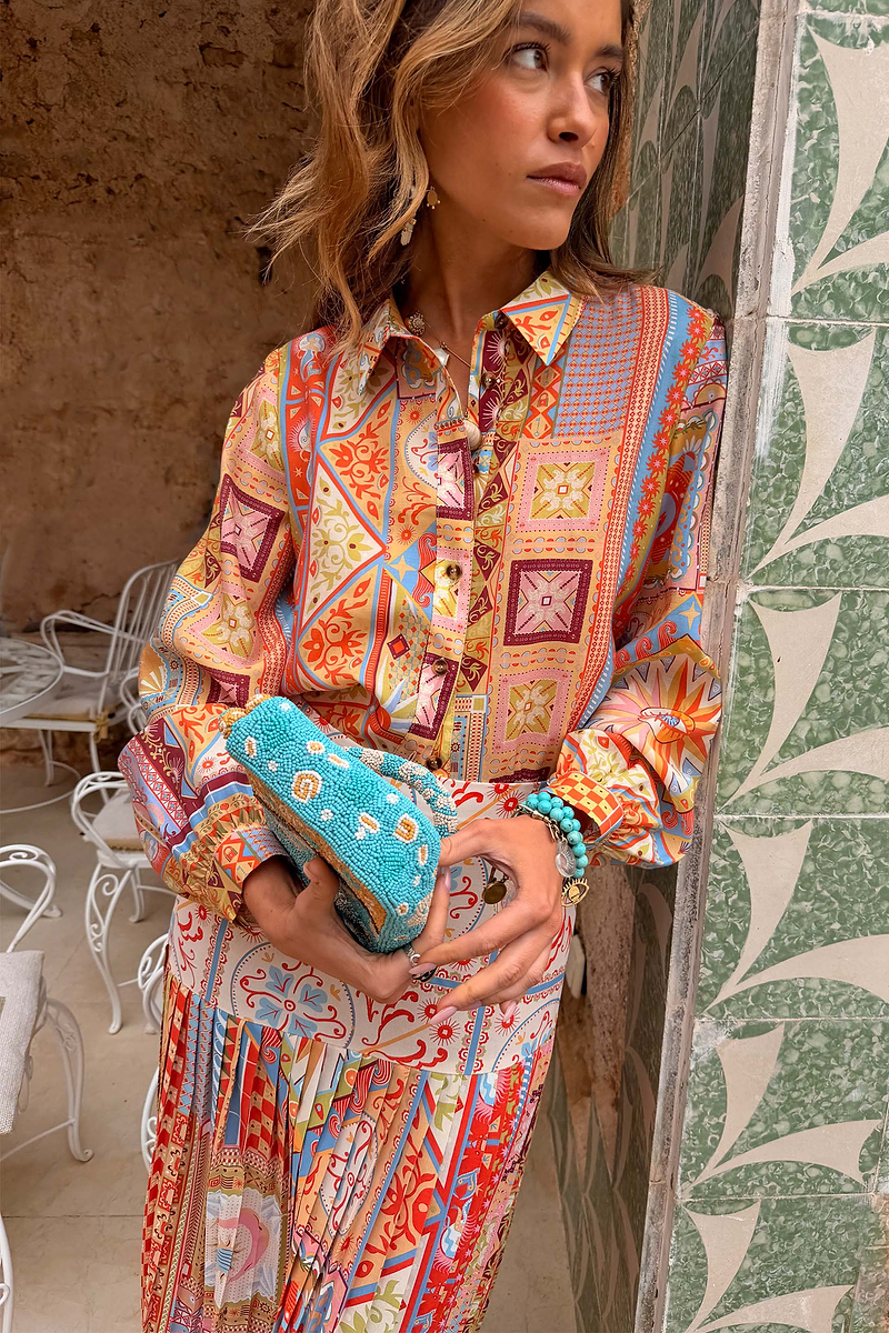 Dolce Vita Marley Shirt in a multi-coloured patchwork tile print with balloon sleeves and a matching co-ord skirt.