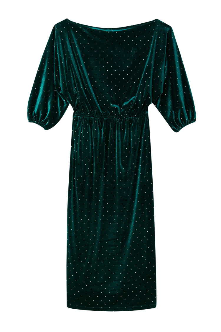 Emerald Velvet Tilly Dress featuring white polka dots, an off-the-shoulder neckline and voluminous sleeves.