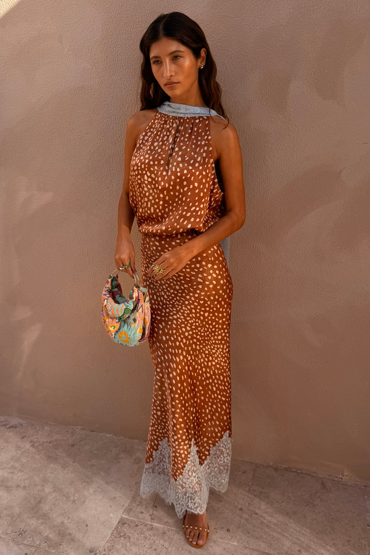 Petite Fawn Midi Maeva Skirt in brown with a white spot print and lace border, styled with a matching halter top.