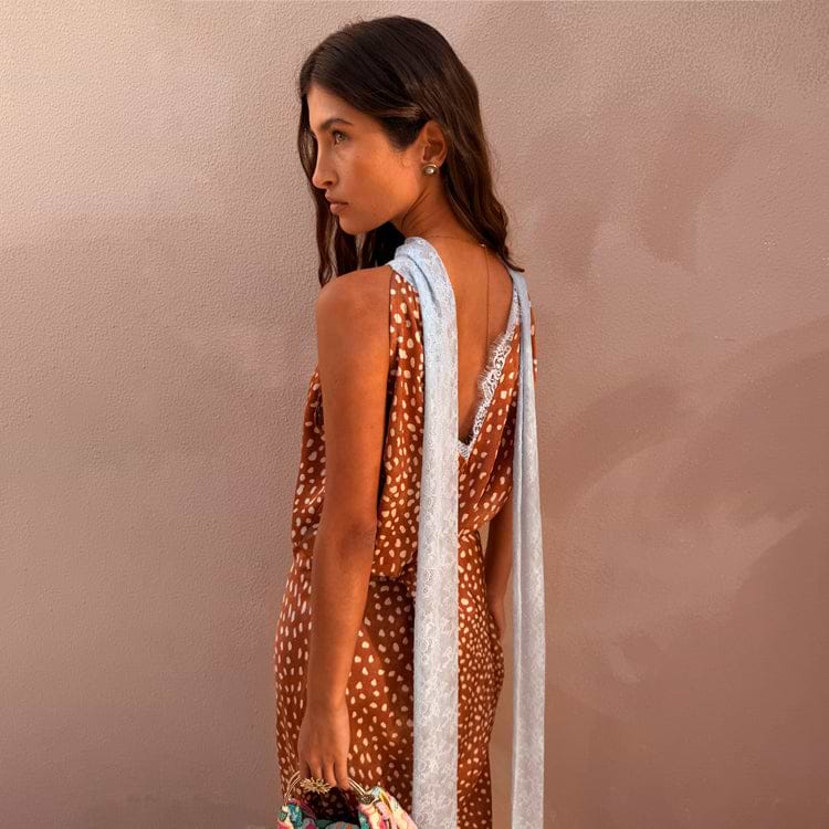 Brown fawn print Fawn Lily Top with light blue lace trim and long multi-wear ties, shown from the back.