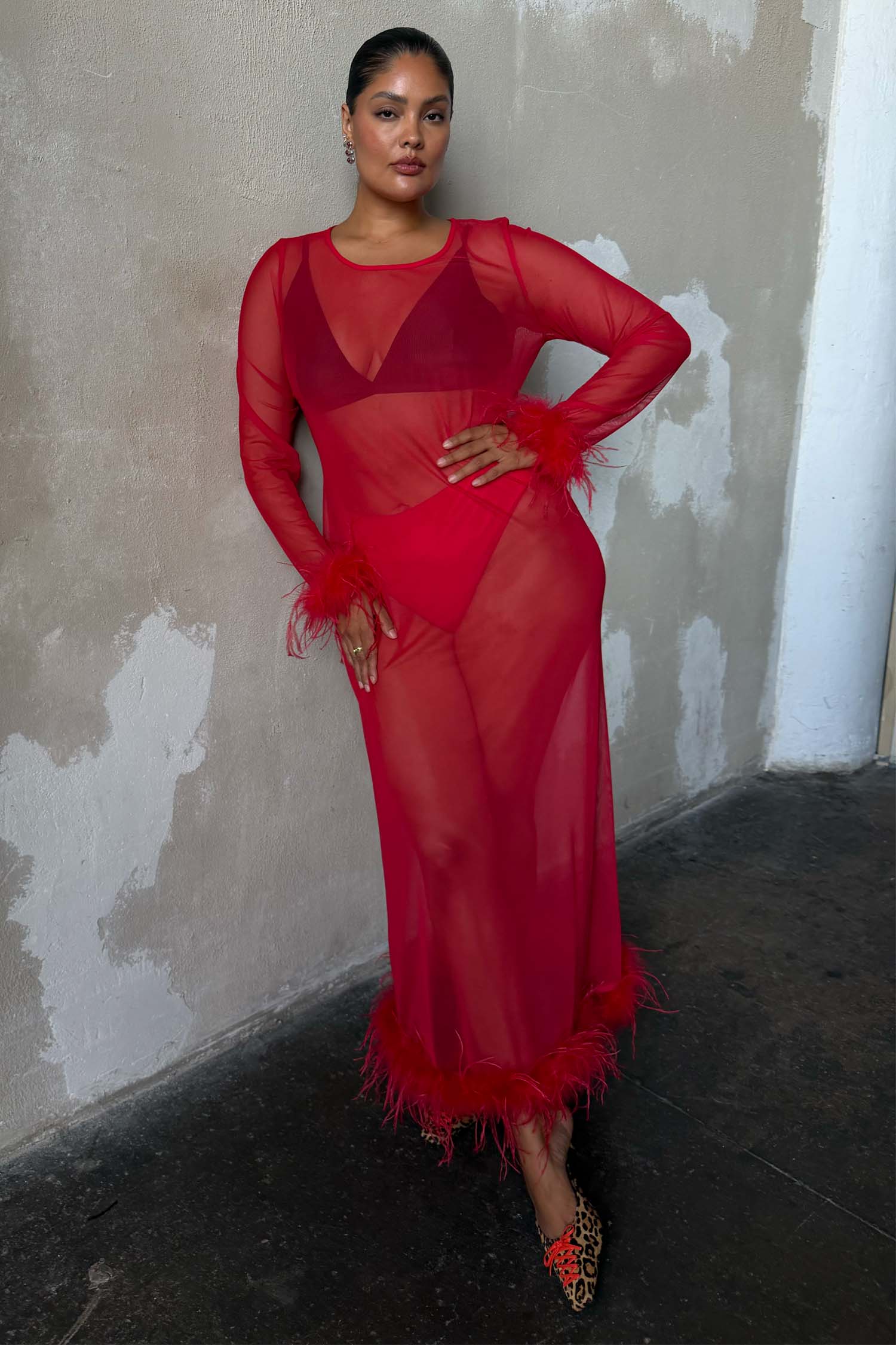 Red Feather Mesh Dress