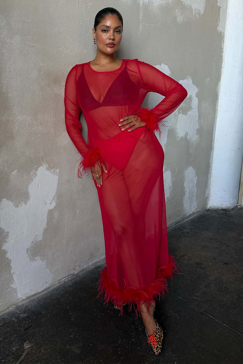 Red Feather Mesh Dress