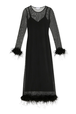 Black mesh midi dress featuring long sleeves with detachable feather cuffs and a matching feather-trimmed hem.
