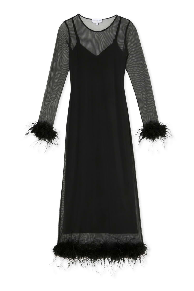 Black mesh midi dress featuring long sleeves with detachable feather cuffs and a matching feather-trimmed hem.