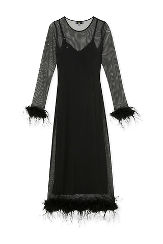 Black Mesh Feather Trim Dress in sheer mesh with an inner slip and detachable feather trims on the cuffs and hem.