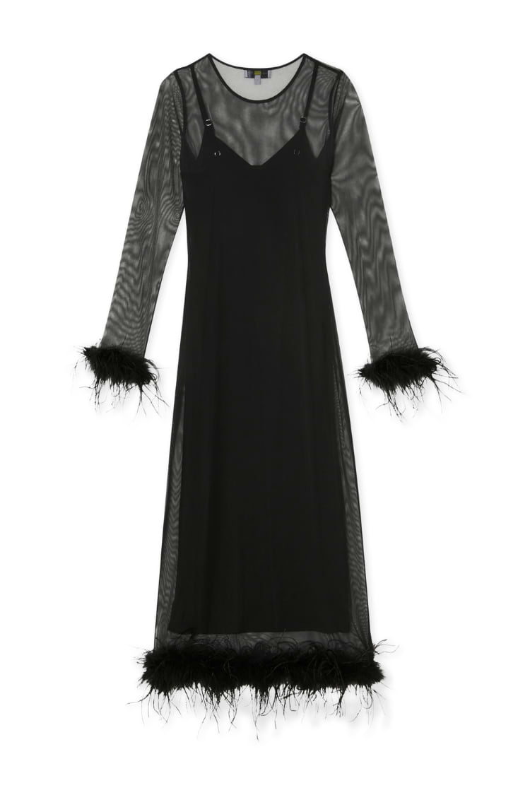 Black Mesh Feather Trim Dress in sheer mesh with an inner slip and detachable feather trims on the cuffs and hem.