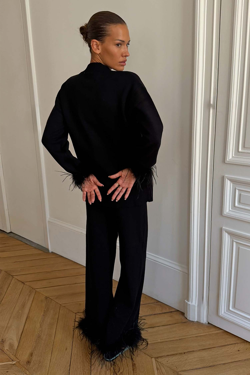 Black Feather Wide Leg Trousers
