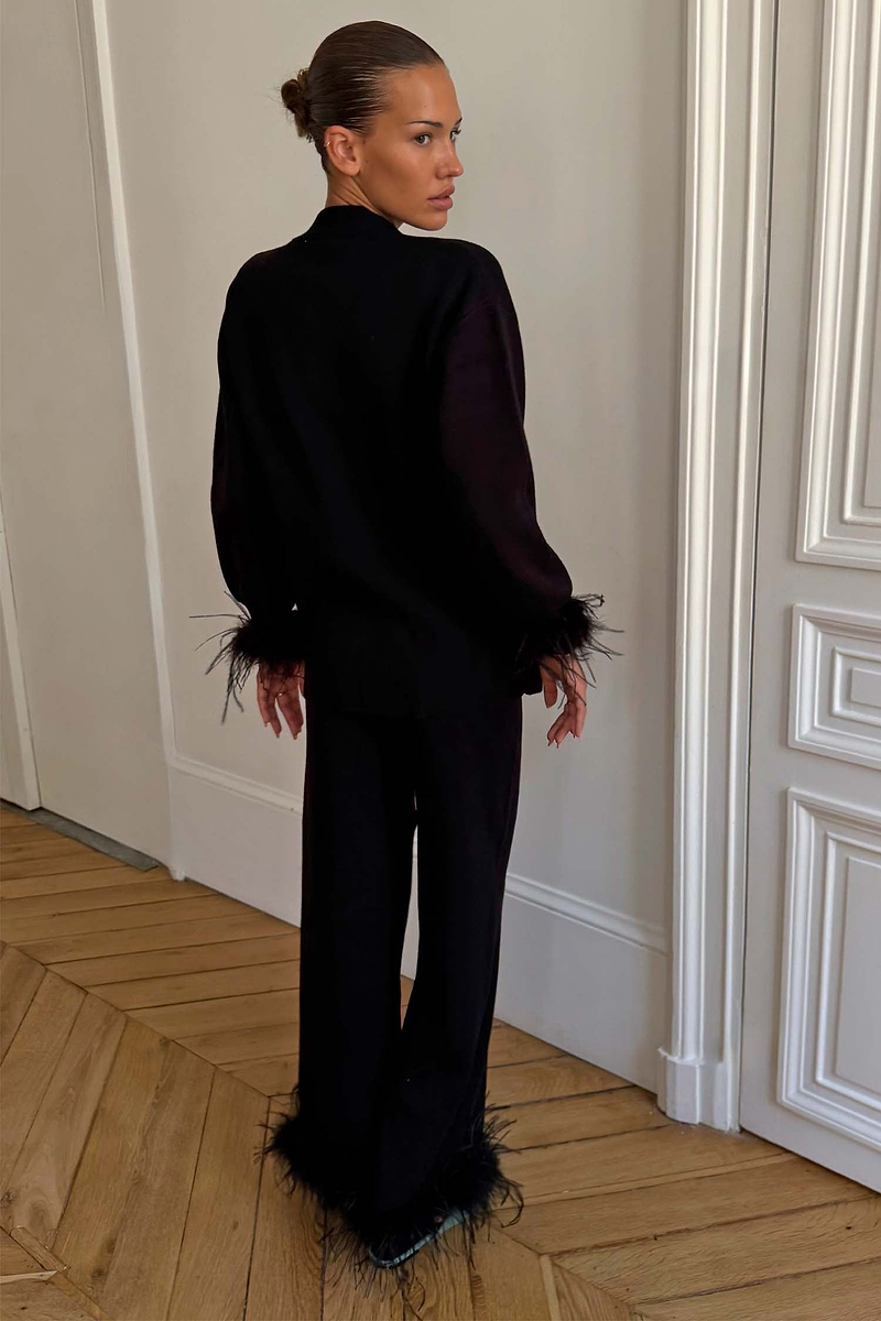 Black Feather Wide Leg Trousers
