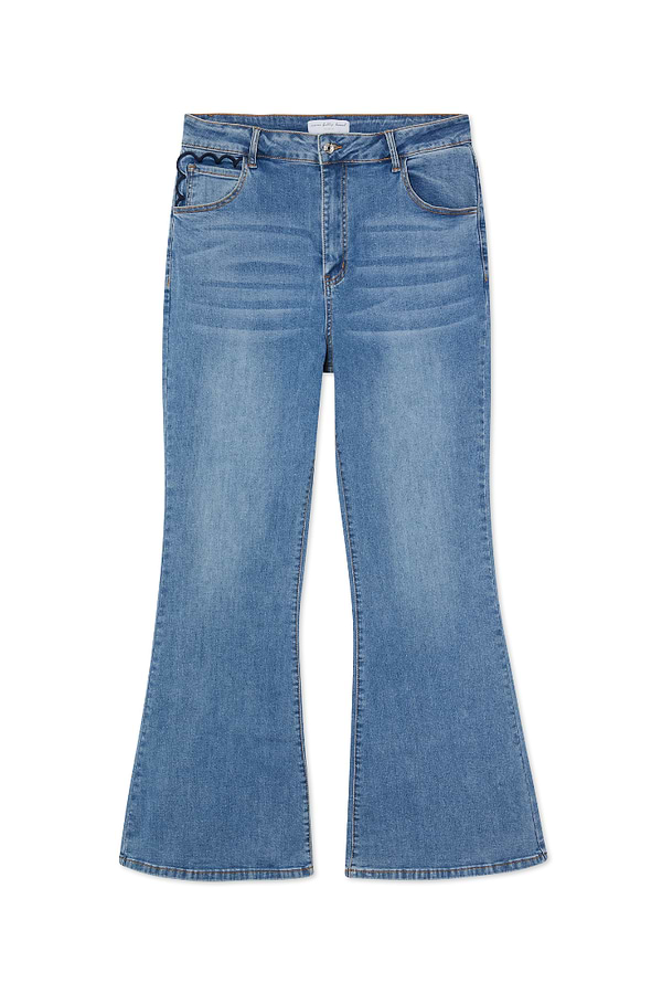 Blue Denim Flare Scallop Jean featuring a 70s-inspired silhouette and scalloped embroidery on the pocket.
