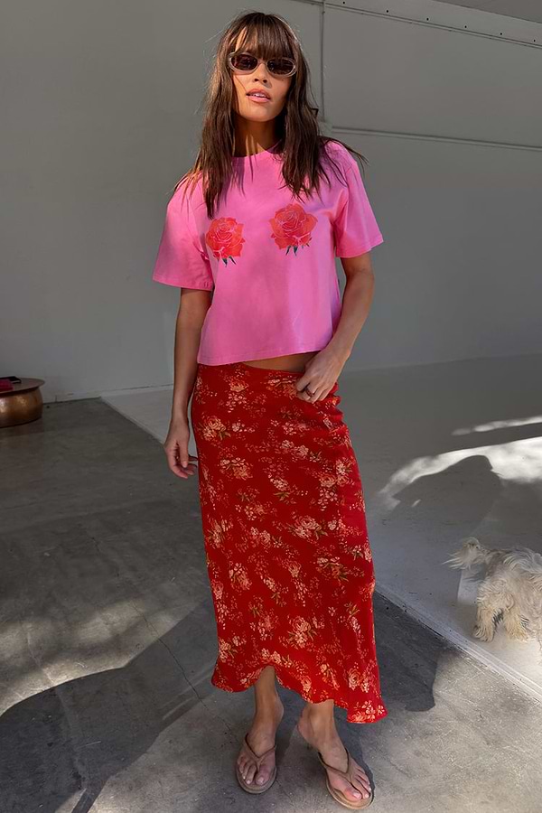 Red Floral Midi Skirt styled with a pink rose graphic t-shirt for feel good summer dressing.