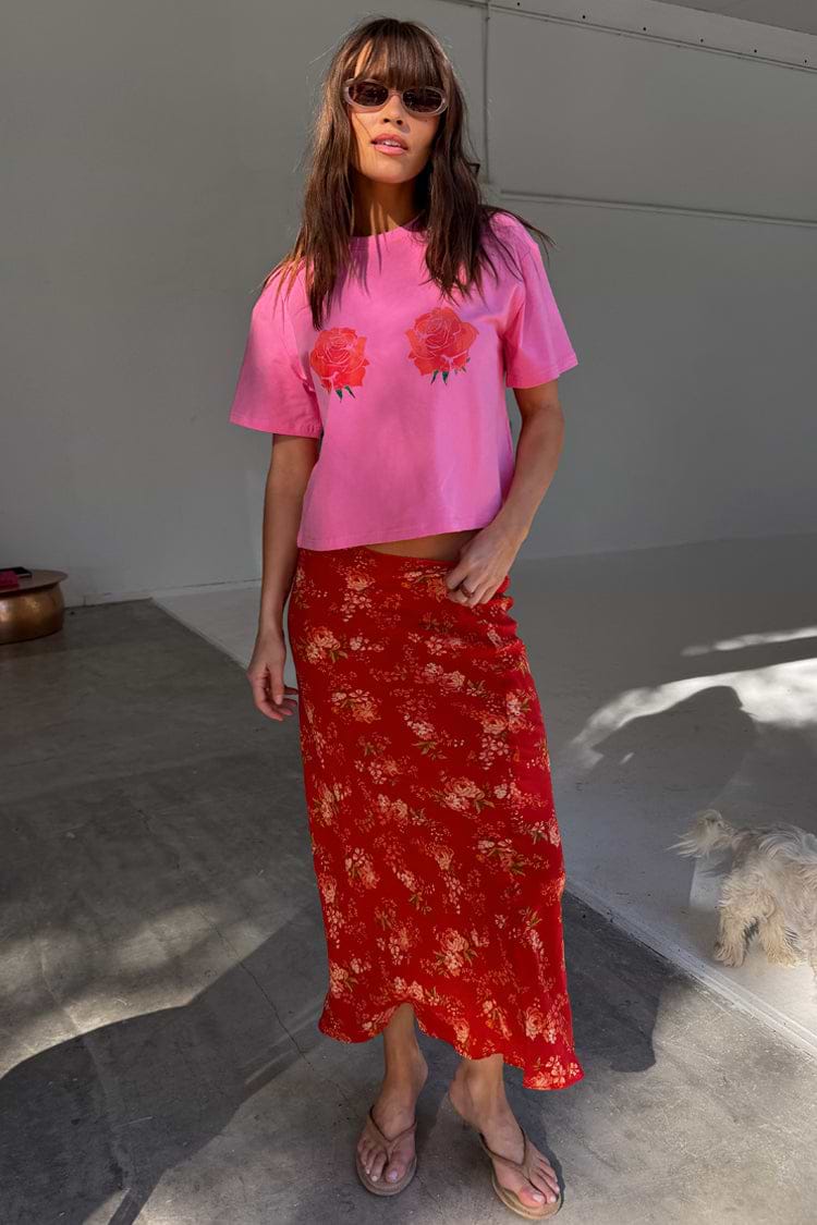 Red Floral Midi Skirt styled with a pink rose graphic t-shirt for feel good summer dressing.