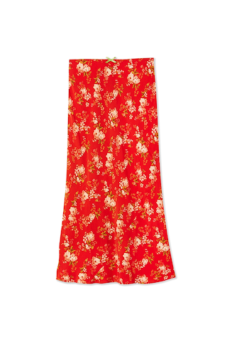 Red Floral Midi Skirt featuring a white flower print, elasticated waistband, and a small contrast green bow.