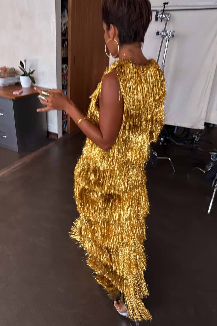 Gold Fringe Dress featuring tiered gold foil tassels and a sleeveless midaxi silhouette.