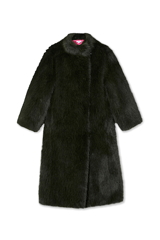 Longline Green Faux Fur Coat with a relaxed silhouette and pop of hot pink lining, shown on a white background.